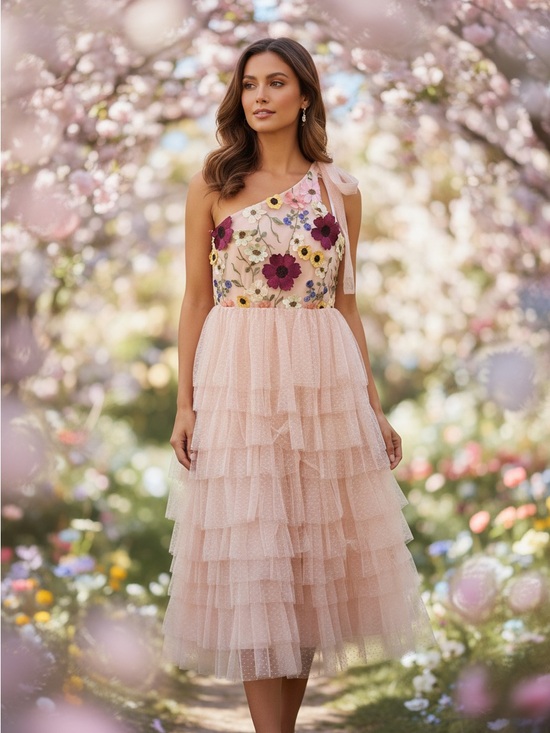 Just Me Dresses & Skirts - NWT Just Me Floral Embroidered One Shoulder Tiered Tulle Midi Blush Pink Dress M
